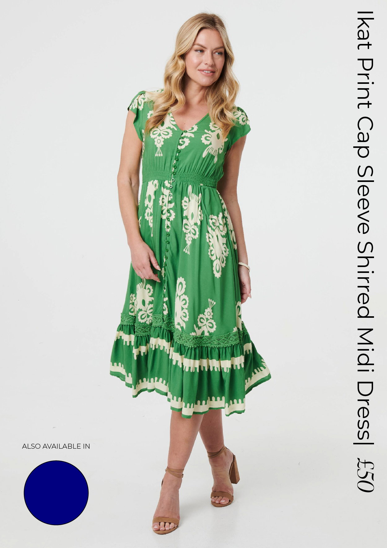 Ikat Print Cap Sleeve Shirred Midi Dress | Shop Now