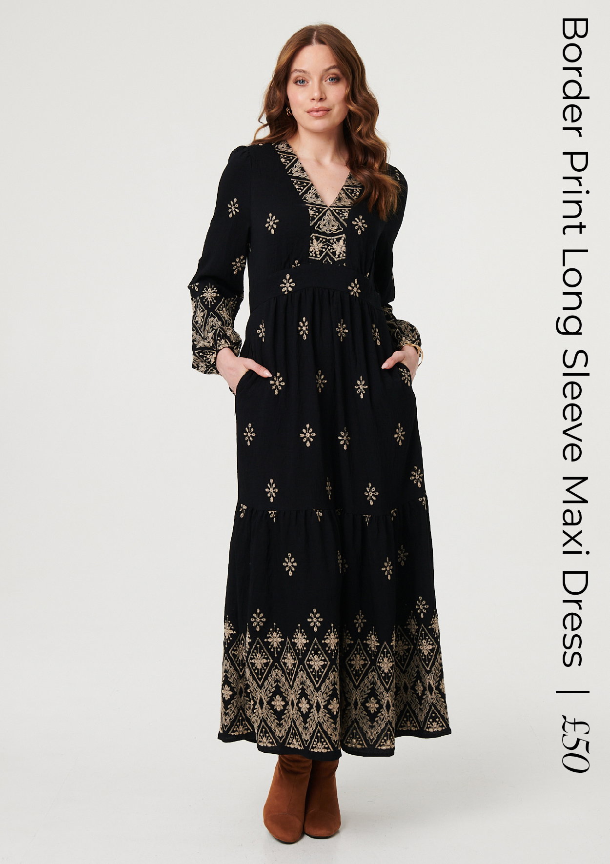 Border Print Long Sleeve Maxi Dress | Shop Now