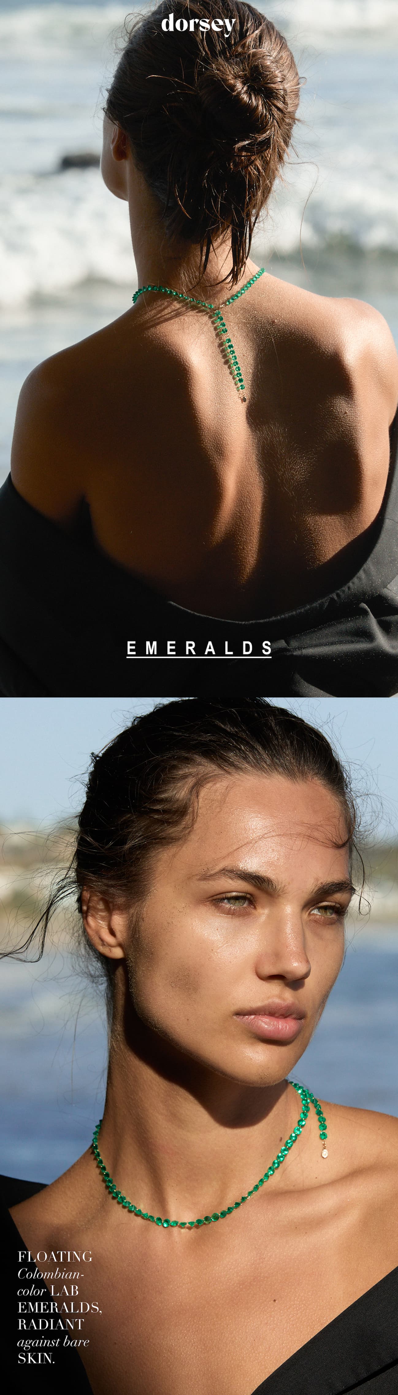 Dorsey Emeralds Floating Colombian-color Lab Emeralds, Radiant against bare skin.