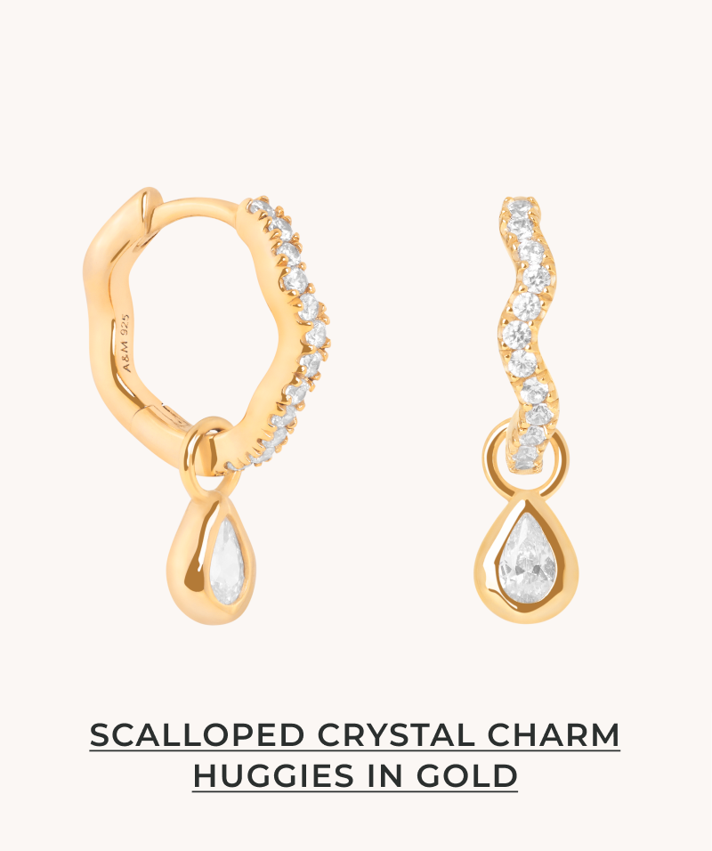 Scalloped Crystal Charm Huggies in Gold