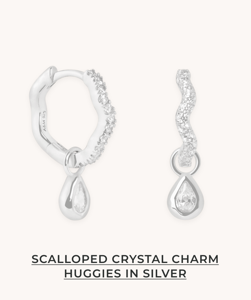 Scalloped Crystal Charm Huggies in Silver