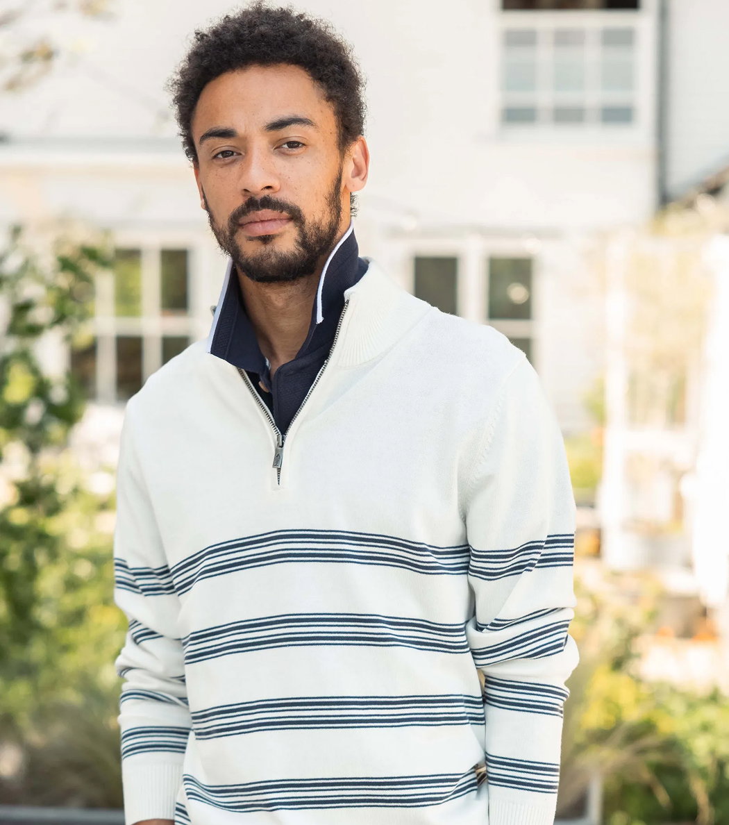 Gunnar 1/4 Zip Fine Knit Stripe Jumper Light Cream