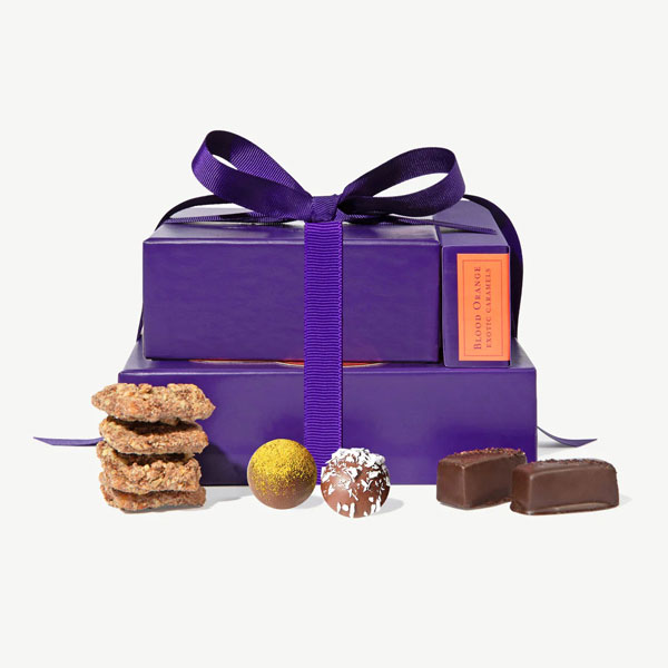 Petite Gift Tower: caramel toffee, rich exotic caramels, and indulgent chocolate truffles, all tied in an elegant stack