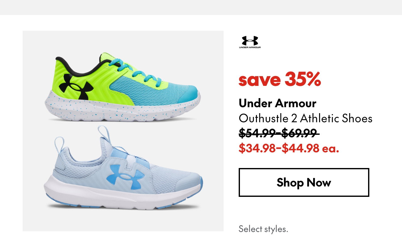 Under Armour Outhustle 2 Athletic Shoes
save 35%
54.99 - 69.99 (Strikethrough)
34.98 - 44.98 ea.
Select styles.