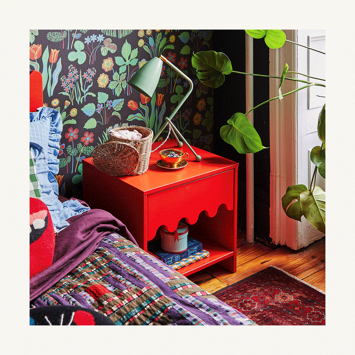 an image of a child's room with a crib and a rainbow