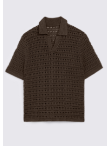 Brown Oversized Open-Knit Skipper Polo Shirt