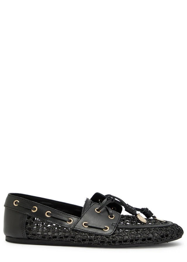 ANCIENT GREEK SANDALS Pliaria leather-trimmed raffia loafers