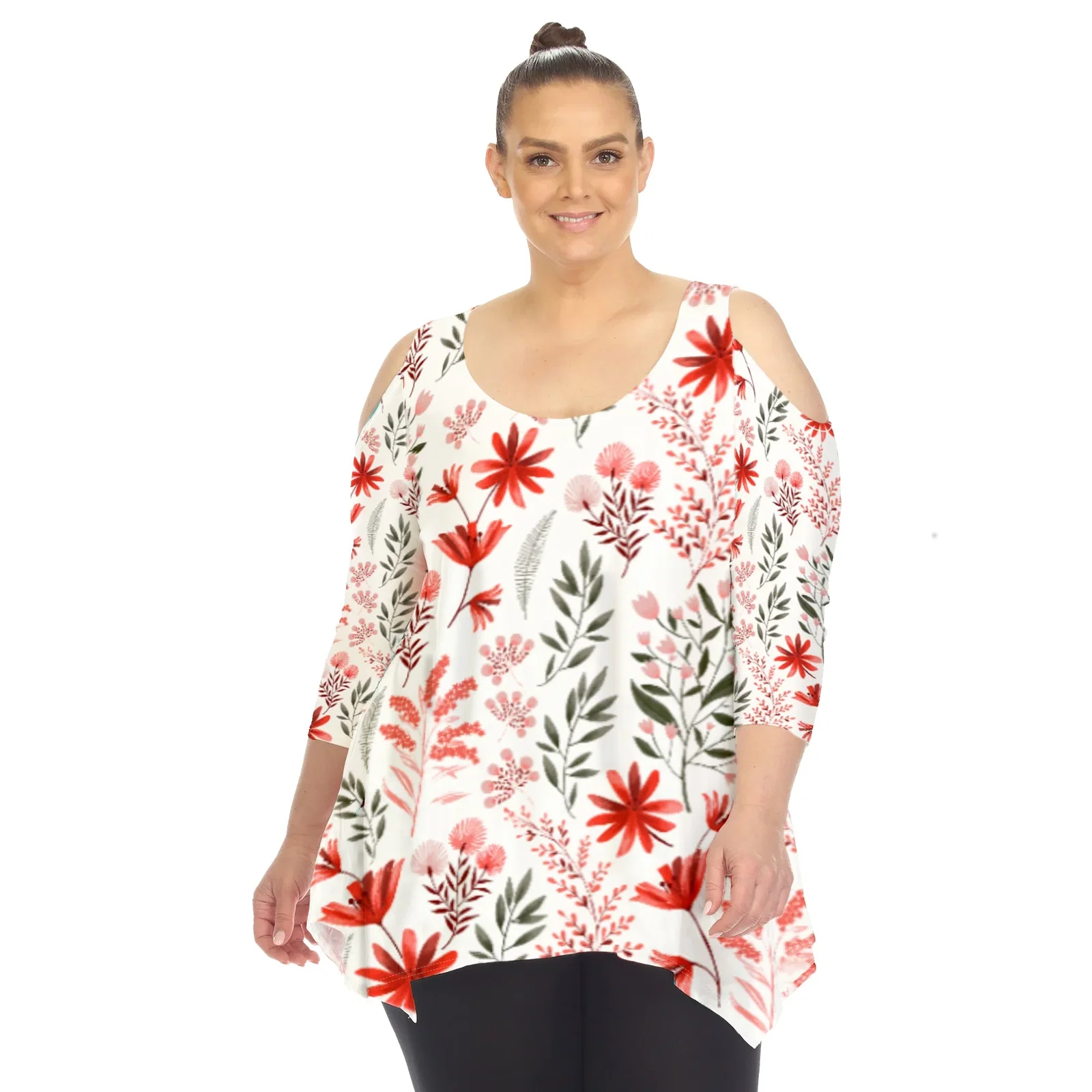 Image of Floral Printed Cold Shoulder Tunic - Plus