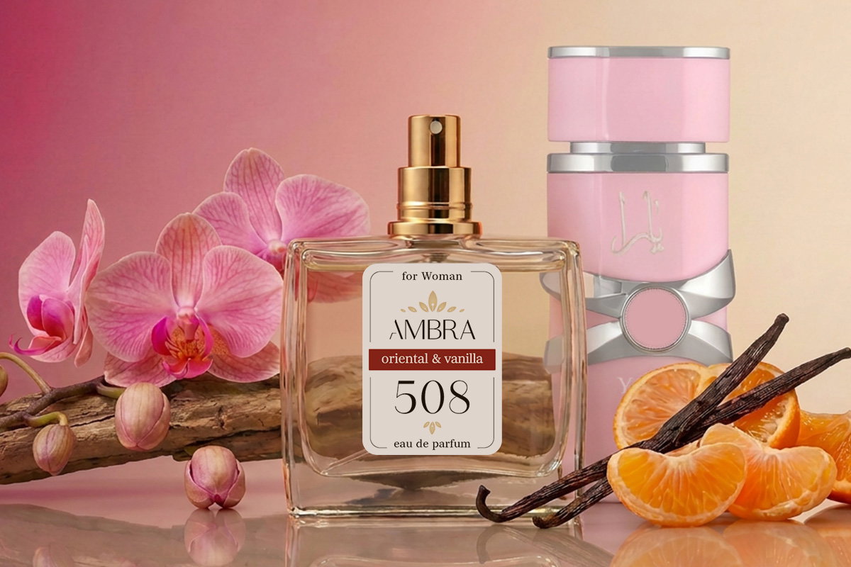 AMBRA 508 perfume bottle with pink orchids, vanilla pods and tangerine slices on a soft pink background