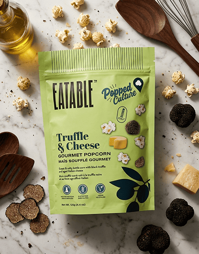 Truffle & Cheese popcorn — sweet & salty with black truffle and aged Italian cheese, rich and gourmet.
