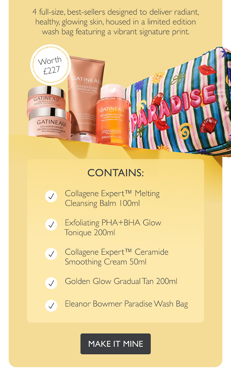 4 full-size, best-sellers designed to deliver radiant, healthy, glowing skin, housed in a limited edition wash bag featuring a vibrant signature print.  