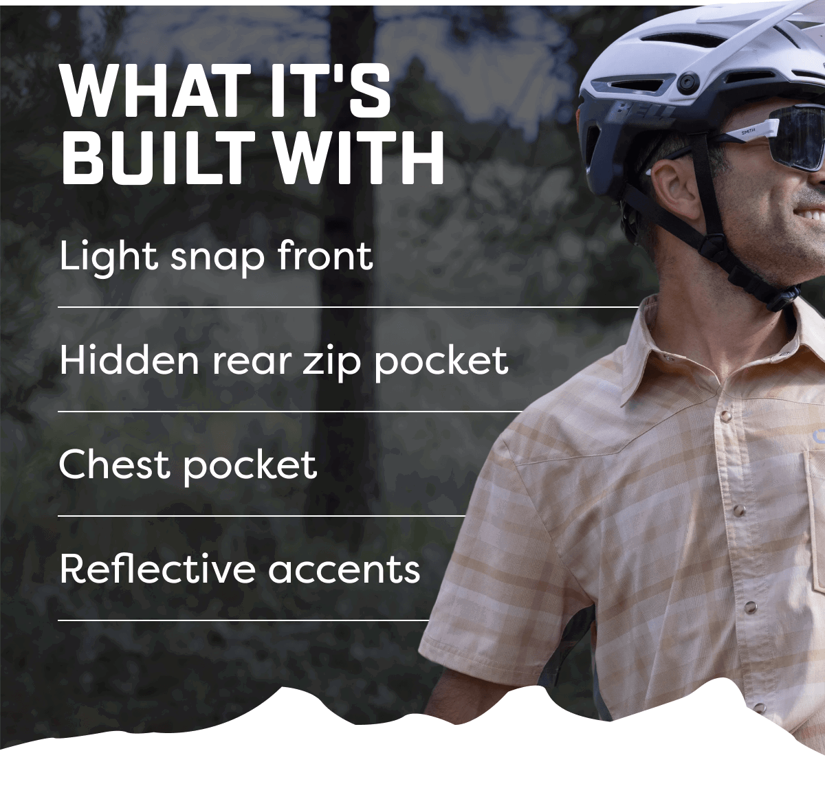 Light snap front.Hidden rear zip pocket.Chest pocket.Reflective accents