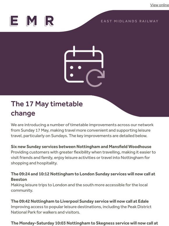 The timetable is changing Sunday 17 May