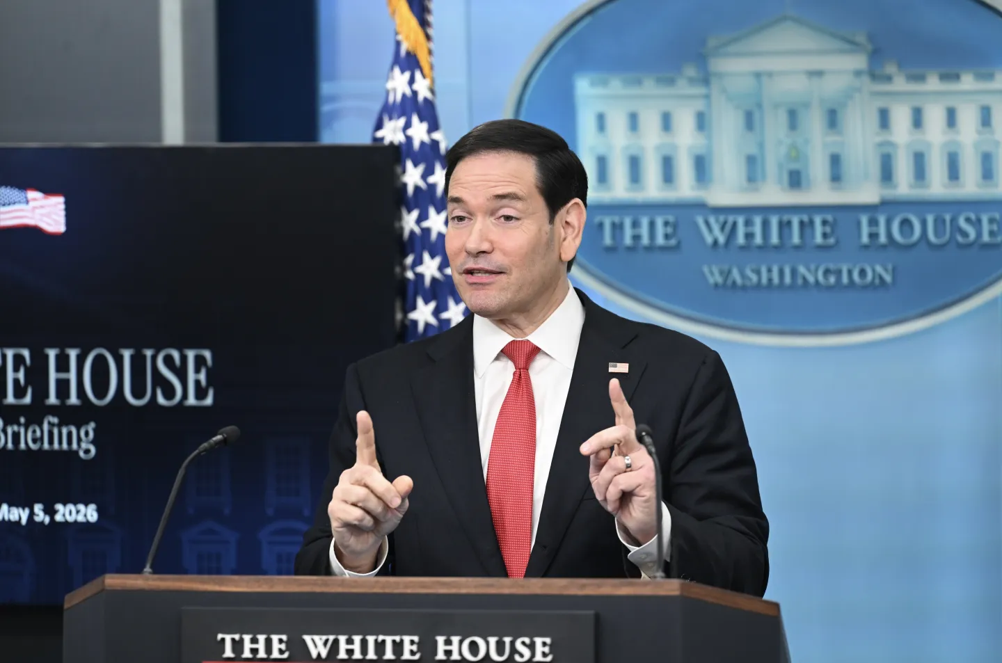 US Secretary of State Marco Rubio holds a press briefing at the White House on current issues in Washington, DC on May 5, 2026. Faith Aktas/Anadolu via Getty Images
