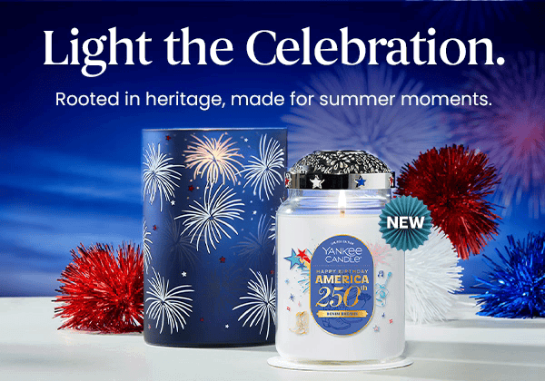 Text says light the celebration, rooted in heritage, made for summer moments. Decorative candle jar and cover with fireworks design, labeled new.