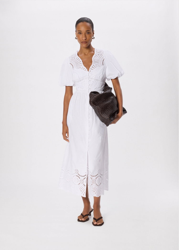White Cotton Broderie V Neck Dress