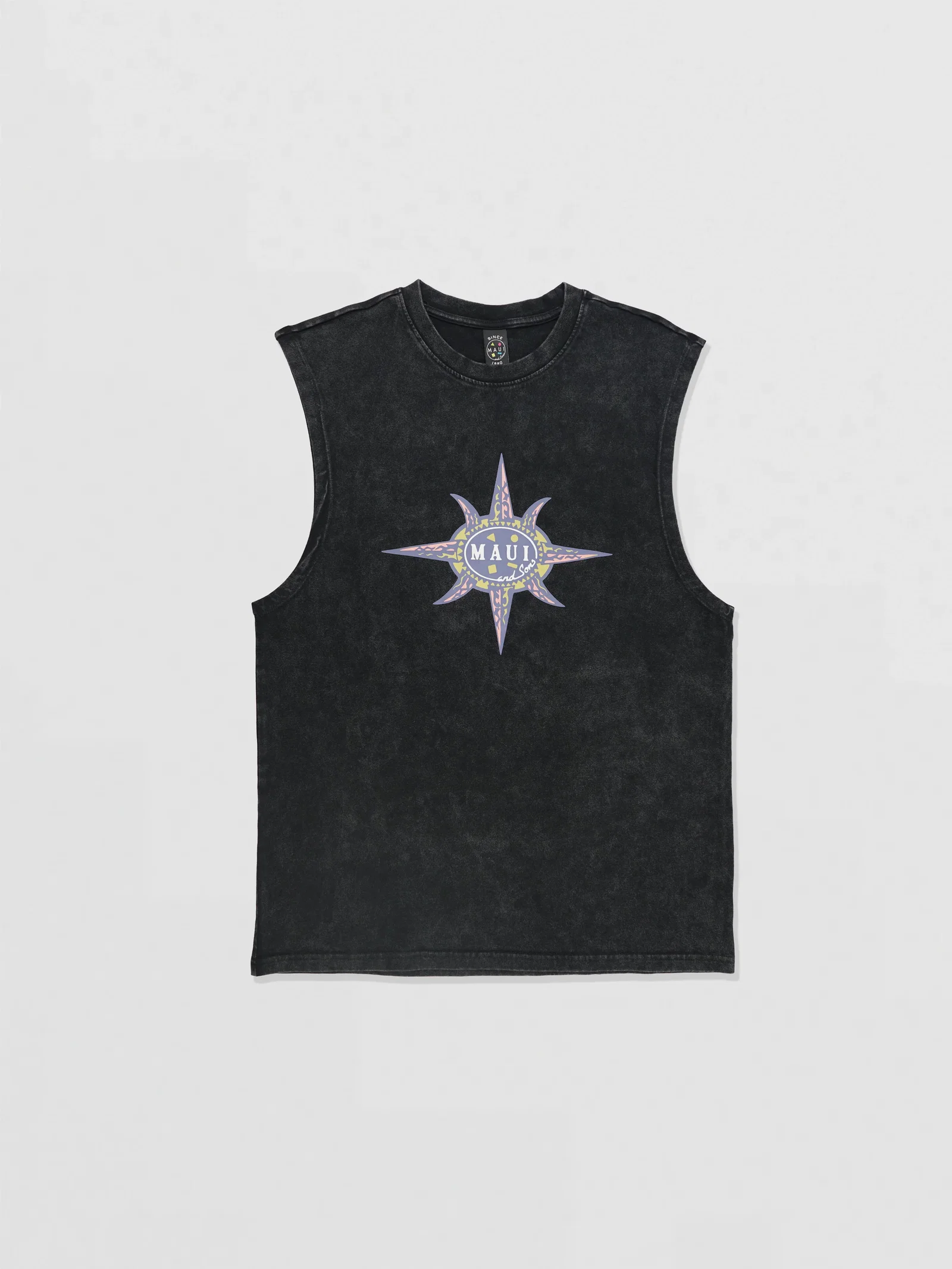 Tribal Black Mineral Wash Muscle Tank Top