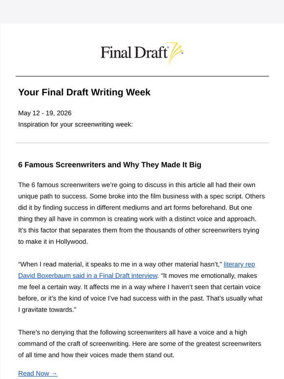 Your Final Draft Weekly Digest: May 12 - 19