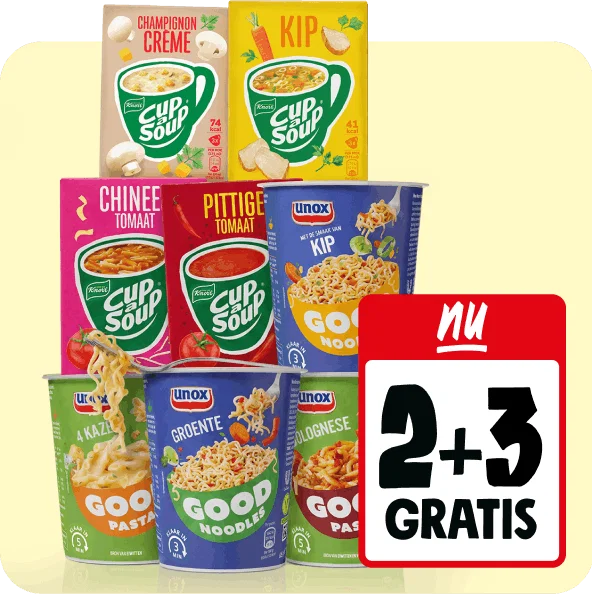 Unox Good pasta, Noodles of Potatoes of Knorr Cup-a-Soup nu 2+3 gratis