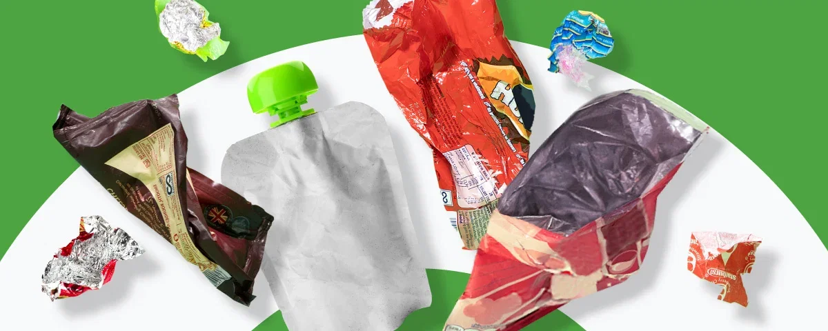 Snack empties displayed on a green background