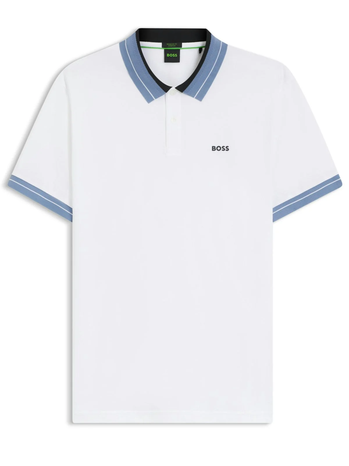 Stretch polo shirt with stripe accents and logo emblem