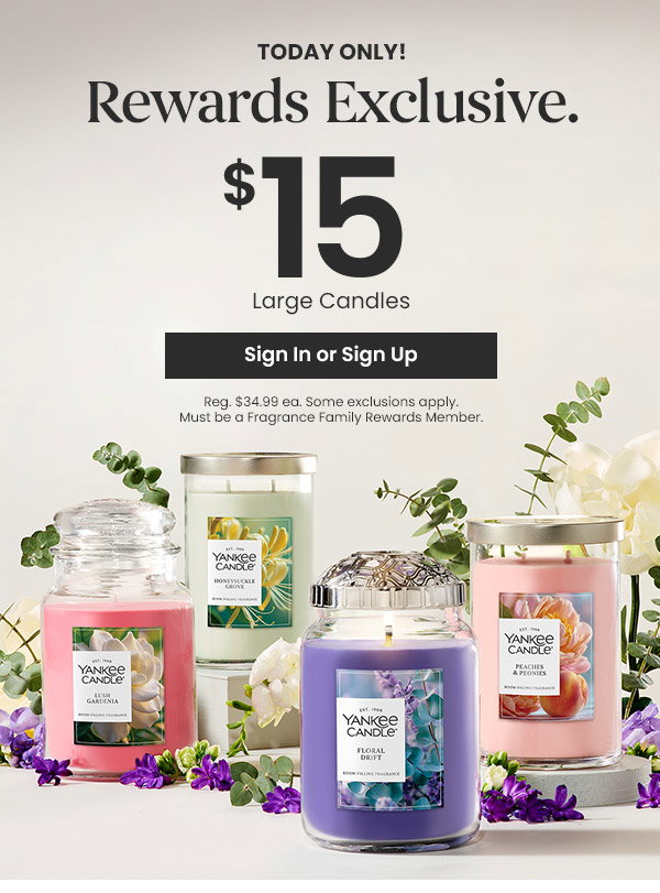 Text offering $15 large candles for rewards members, with sign in or sign up button, and four Yankee Candles displayed.