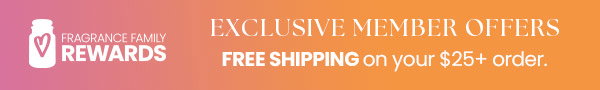 Fragrance Family Rewards exclusive member offers. Free shipping on orders over 25 dollars. White text on orange gradient background.