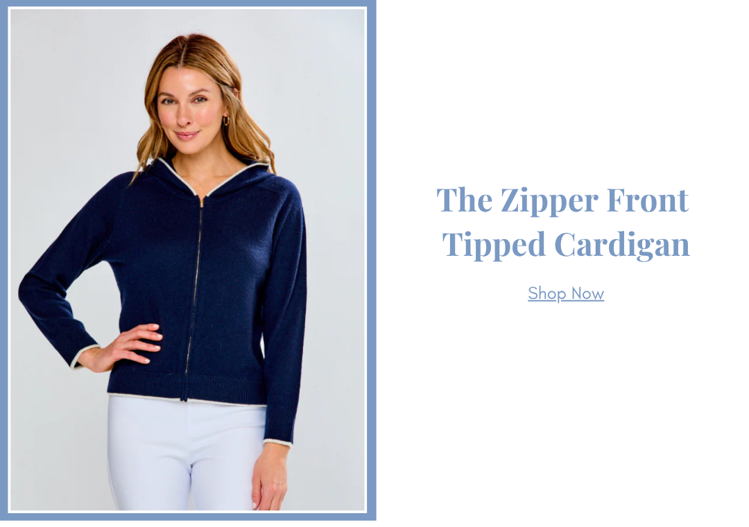 The Zipper Front Tipped Cardigan in Navy/Ivory