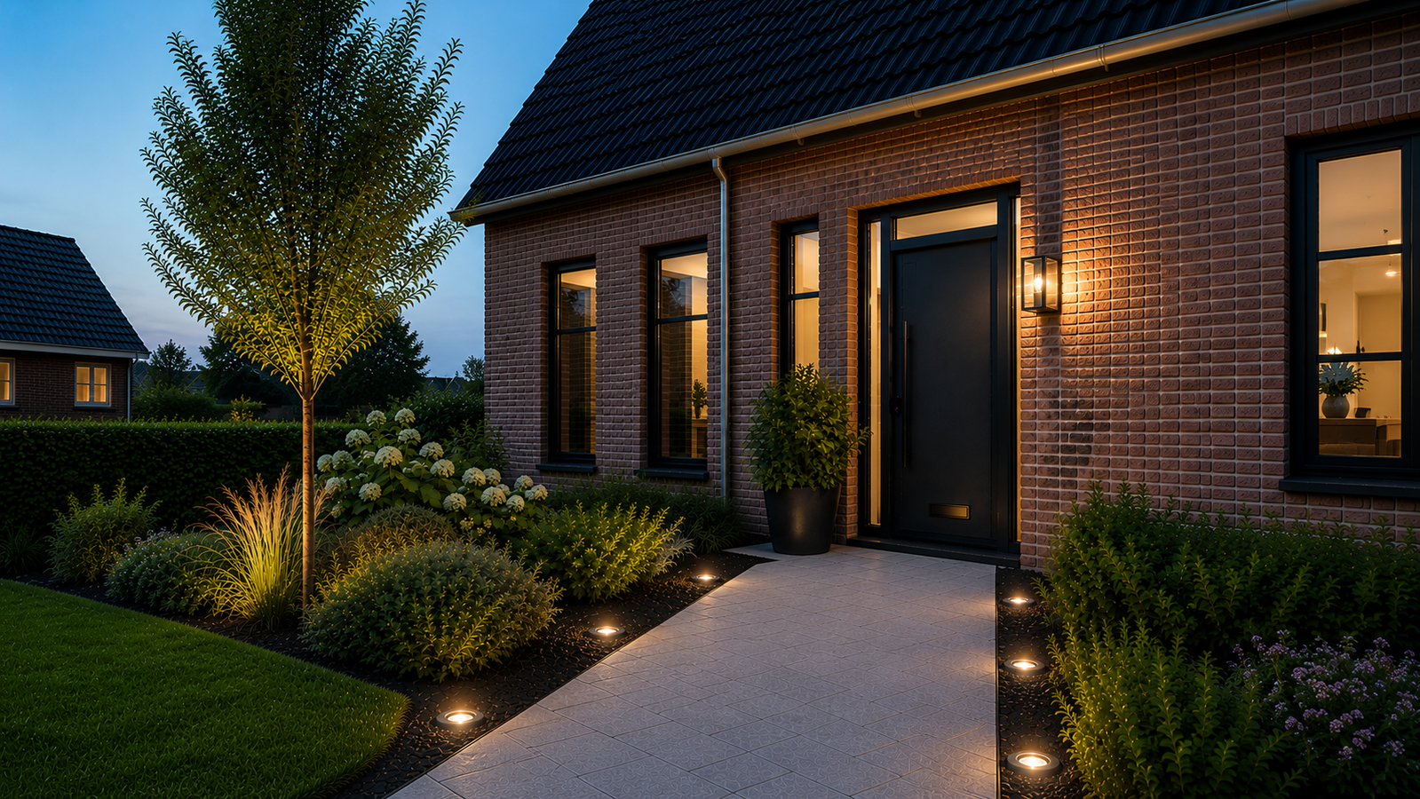 A wall light next to the front door and recessed floor spotlights along a garden path