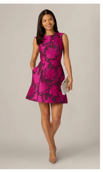 Floral Jacquard Short A Line Dress In Burgundy Pink