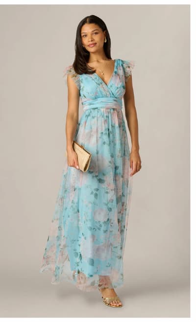 Flutter Sleeve Floral Tulle Maxi Dress In Blue Multi