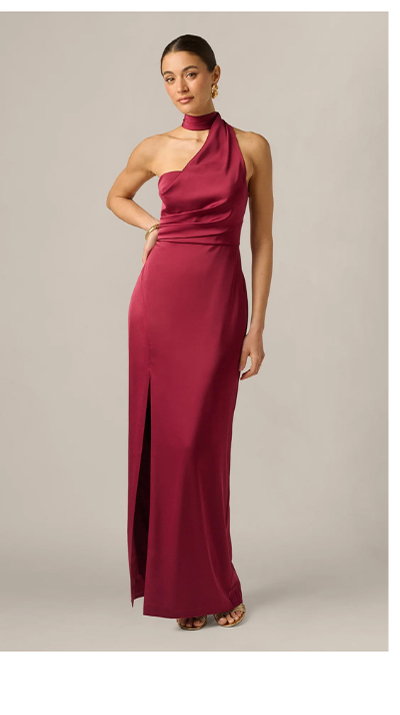 Stretch Satin Asymmetrical Halter Gown In Crimson Haze