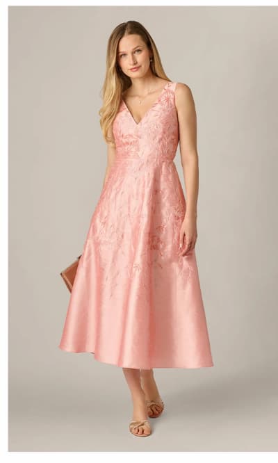Floral Embroidered Dupioni A Line Midi Dress In Light Pink
