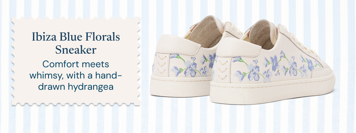 Ibiza Blue Florals Sneaker — Comfort meets whimsy, with a hand-drawn hydrangea