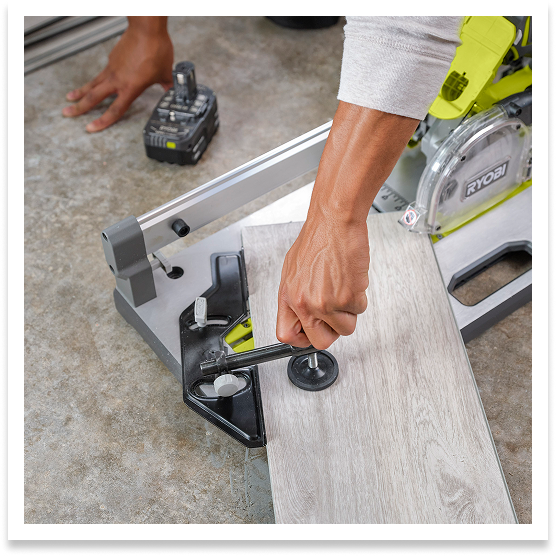 RYOBI flooring saw being used to cut flooring