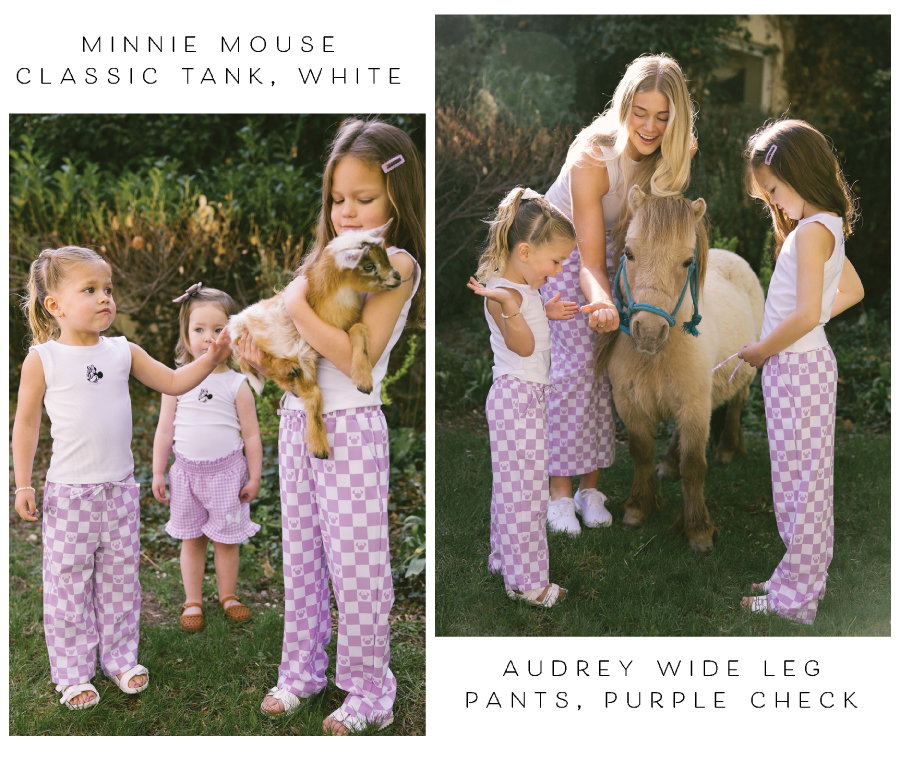 mini classic white tank and purple check audrey pants