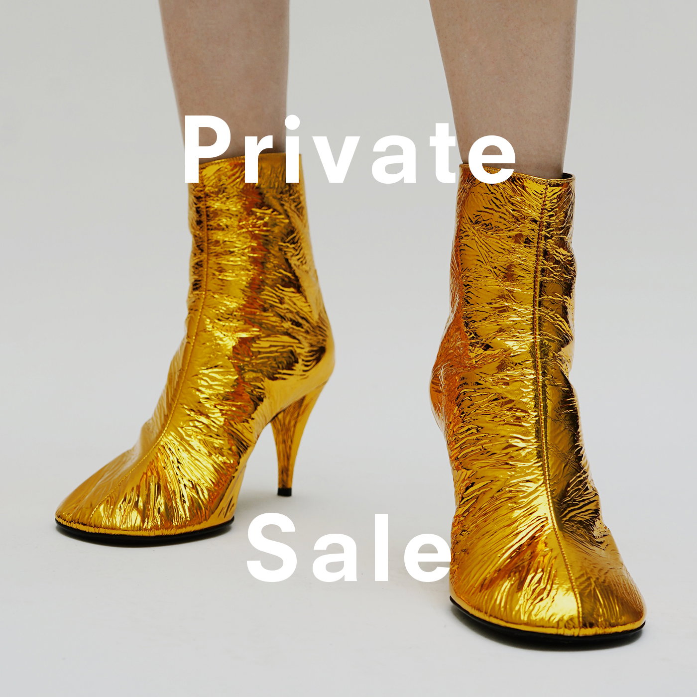 Cropped image of model wearing Glove Ankle Boots in Crinkle Gold  'Private Sale' overlaid
