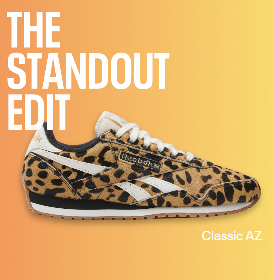 Reebok Classic AZ sneaker in leopard print with white details on a yellow background. Text reads: “THE STANDOUT EDIT.”