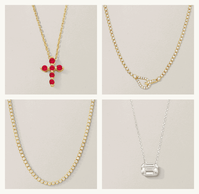 A cross pendant with red gemstones, two gold diamond necklaces and a necklace with a rectangular white gemstone pendant.