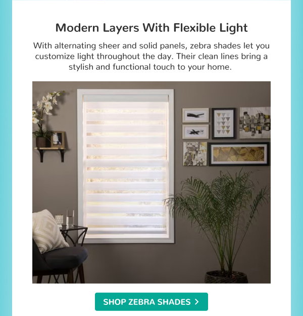 Modern Layers with Flexible Light | With alternating sheer and solid panels, zebra shades let you customize light throughout the day. Their clean lines bring a stylish and functional touch to your home. | SHOP ZEBRA SHADES >
