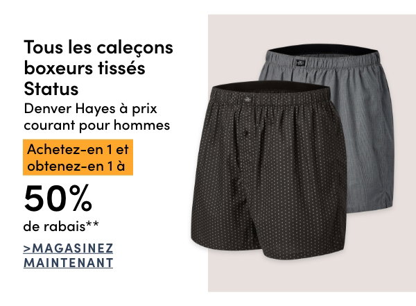 Tous les caleçons boxeurs tissés Status Denver Hayes à prix courant pour hommes achetez-en 1 et obtenez-en 1 à 50% de rabais*