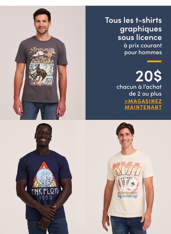Tous les t-shirts graphiques sous licence à prix courant pour hommes 20 $ chacun à l'achat de 2 ou plus