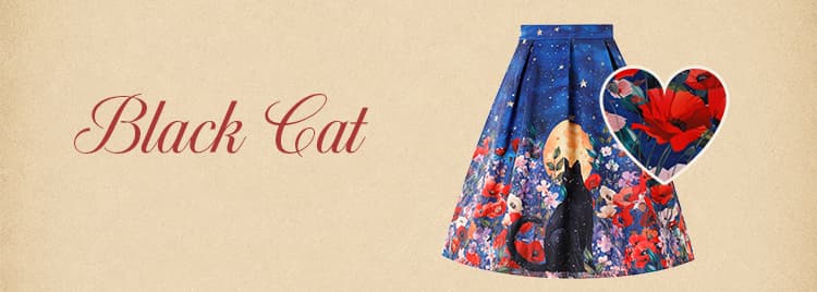 Aisley Black Cat Midnight Garden Pleated Midi Skirt