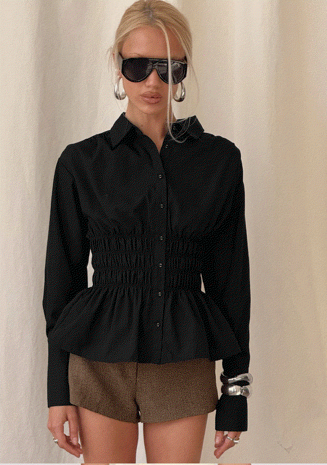 As You Are Shirred Button Up Top Black