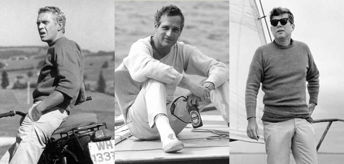 Portraits of  Paul Newman, Steve McQueen and JFK in casual wear with khakis