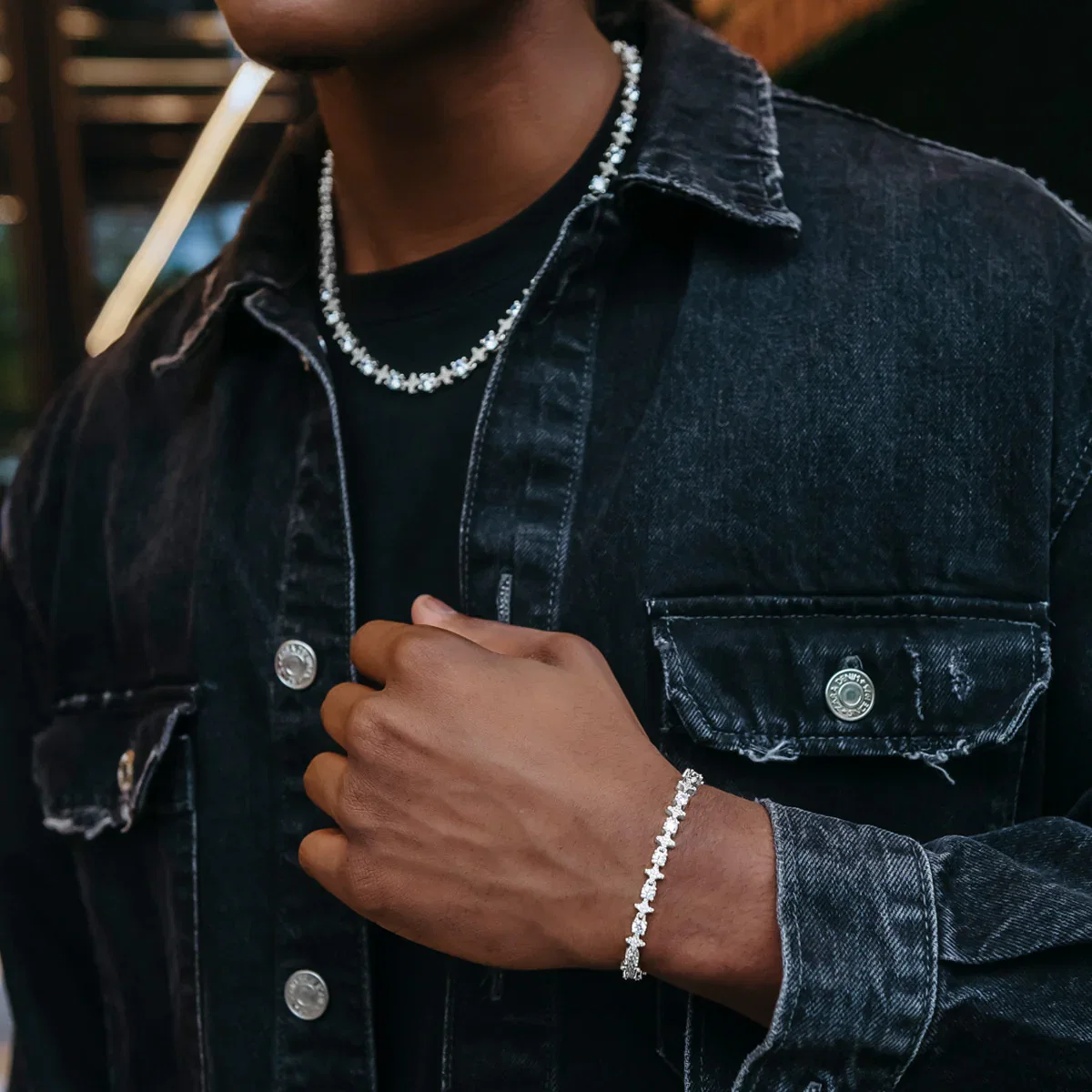 Image of Round Stone Star Tennis Chain + Bracelet Bundle in White Gold