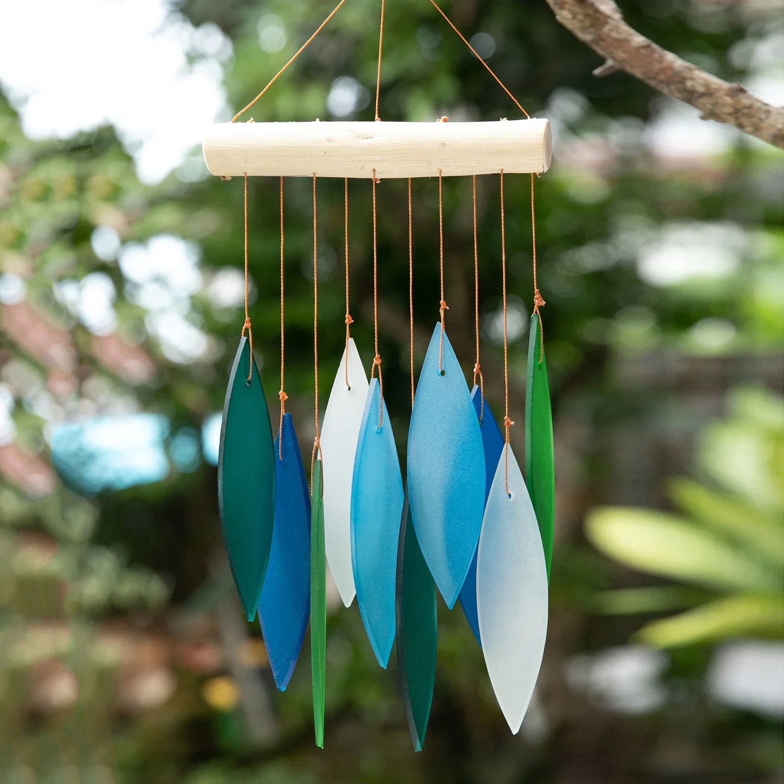 Image of Glass and Wood Wind Chime in Blue Teal Green and White - Rhythm of Life