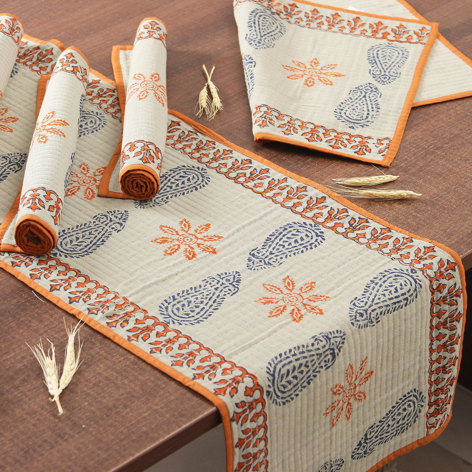Image of Tangerine and Ivory Table Runner and Placemats (7 Pieces) - Tangerine Palace