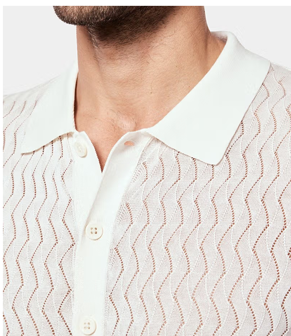 Cream Button Through Zig Zag Stitch Polo Shirt