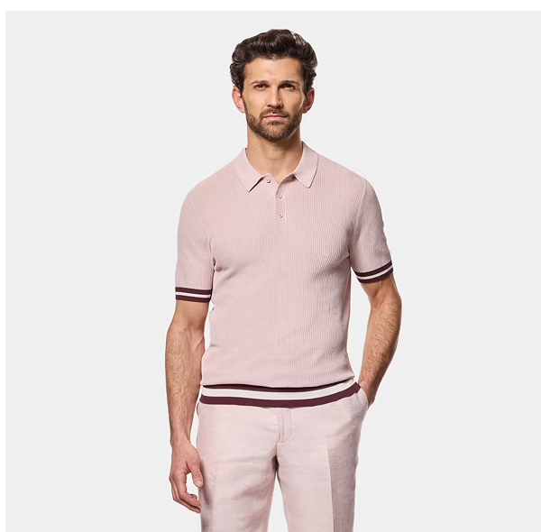 Pink Tipped Textured Rib Knitted Polo Shirt
